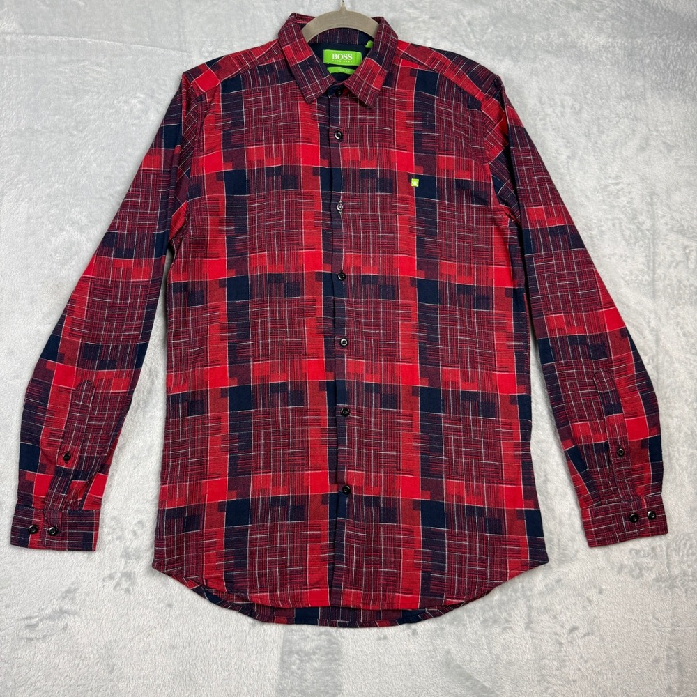 Hugo Boss Green Label Slim Fit Men's Red Navy Plaid Button Up Shirt Size M